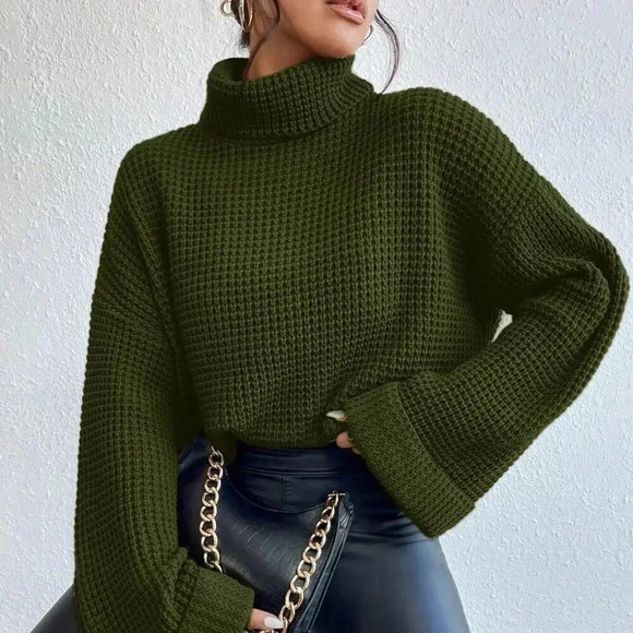 Army Green Casual Women's Turtleneck Long Sleeve Sweater - Picture 3 of 6